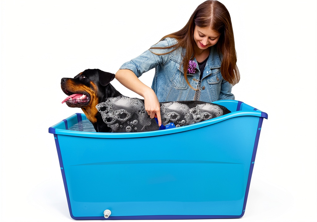 YUEPET foldable dog bathtub set up in a bathroom with a large dog inside