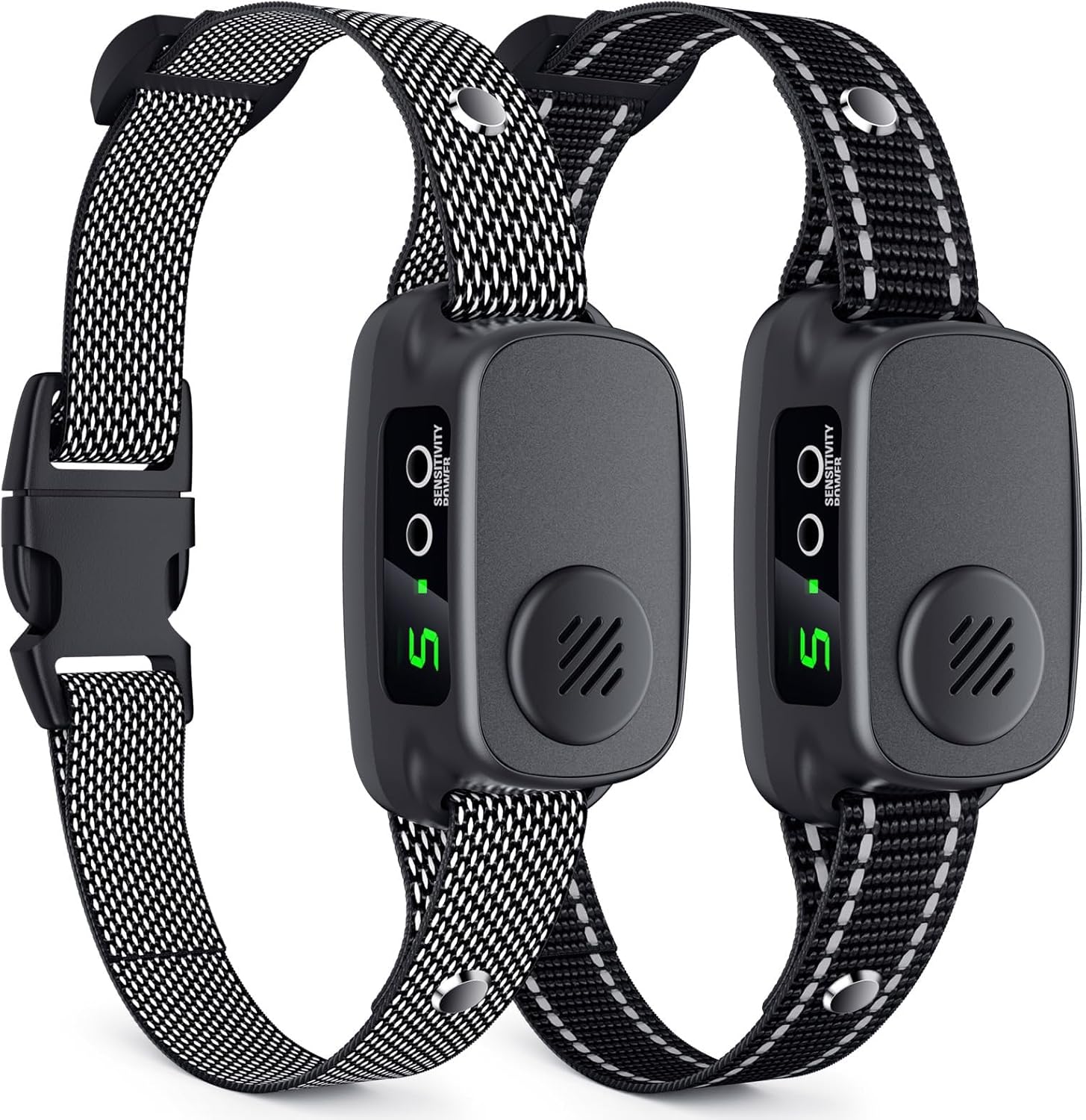 NOIDECE dog bark collar in use on a medium-sized dog outdoors