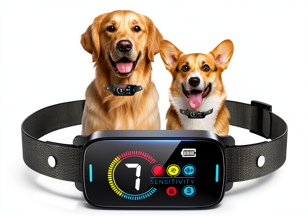 SLAYKAM ultrasonic bark collar on a large dog in a home setting